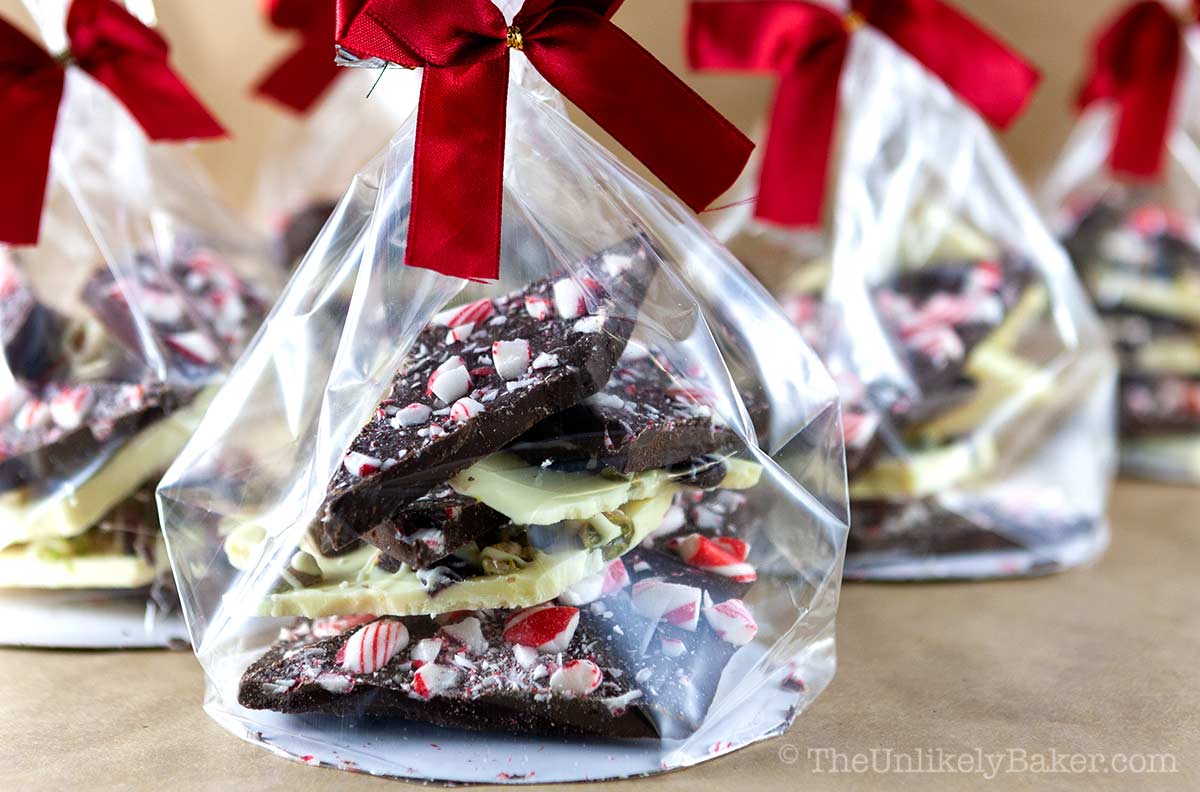 Homemade chocolate bark in plastic gift bags