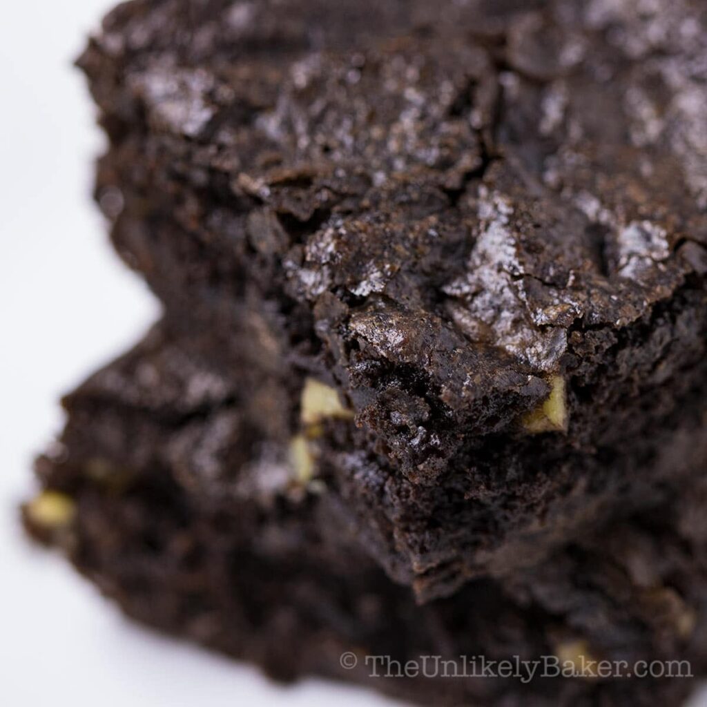 Close up shot of a slice of walnut brownie.