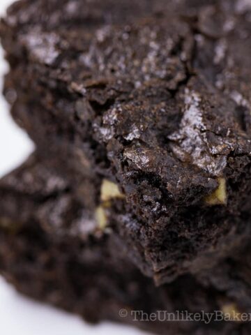 Close up shot of a slice of walnut brownie.