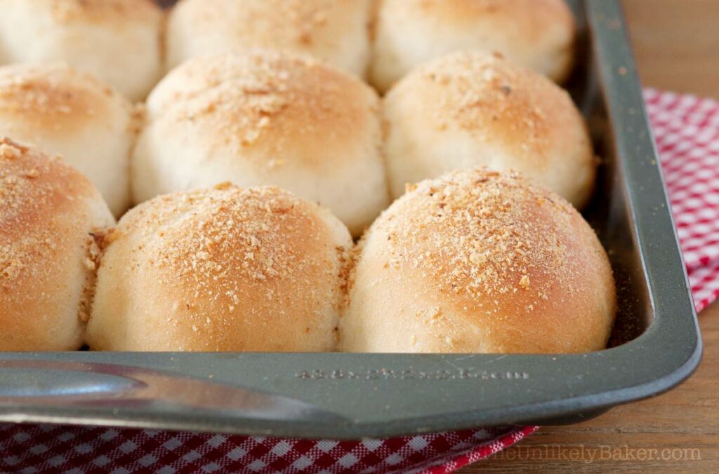 Freshly baked soft and crusty pandesal with breadcrumbs
