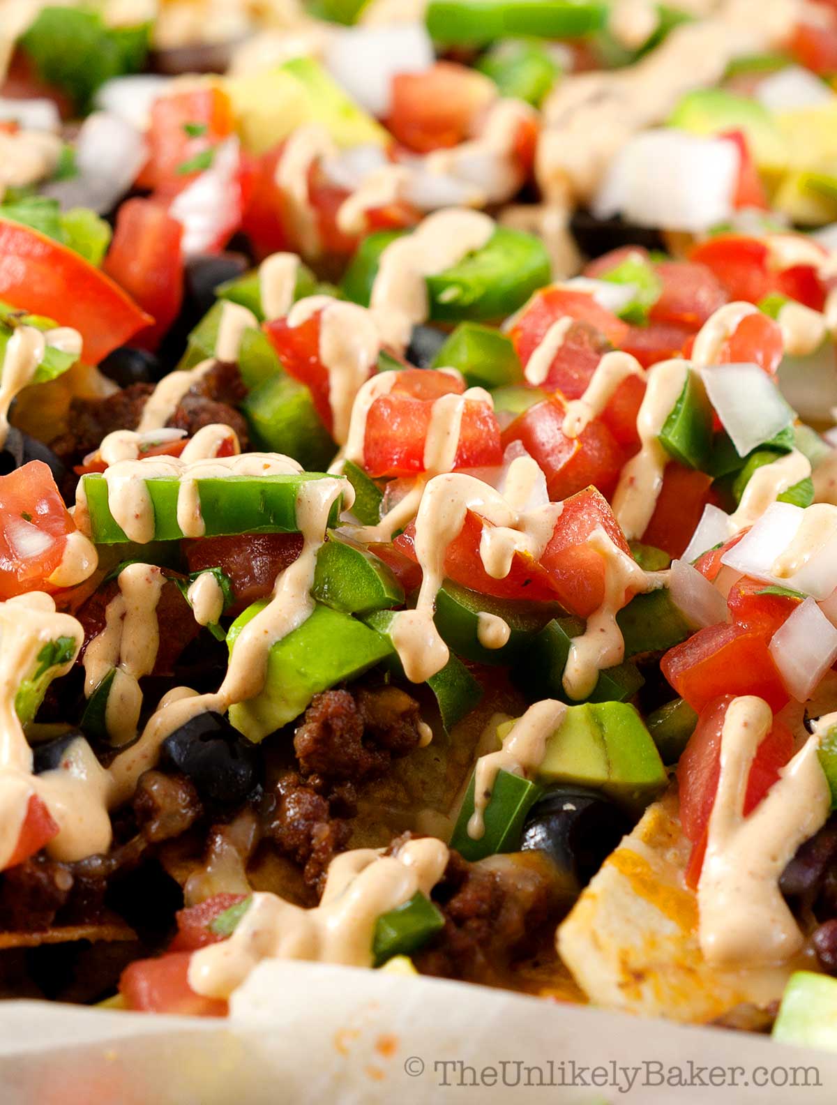 Close up shot of ultimate nachos