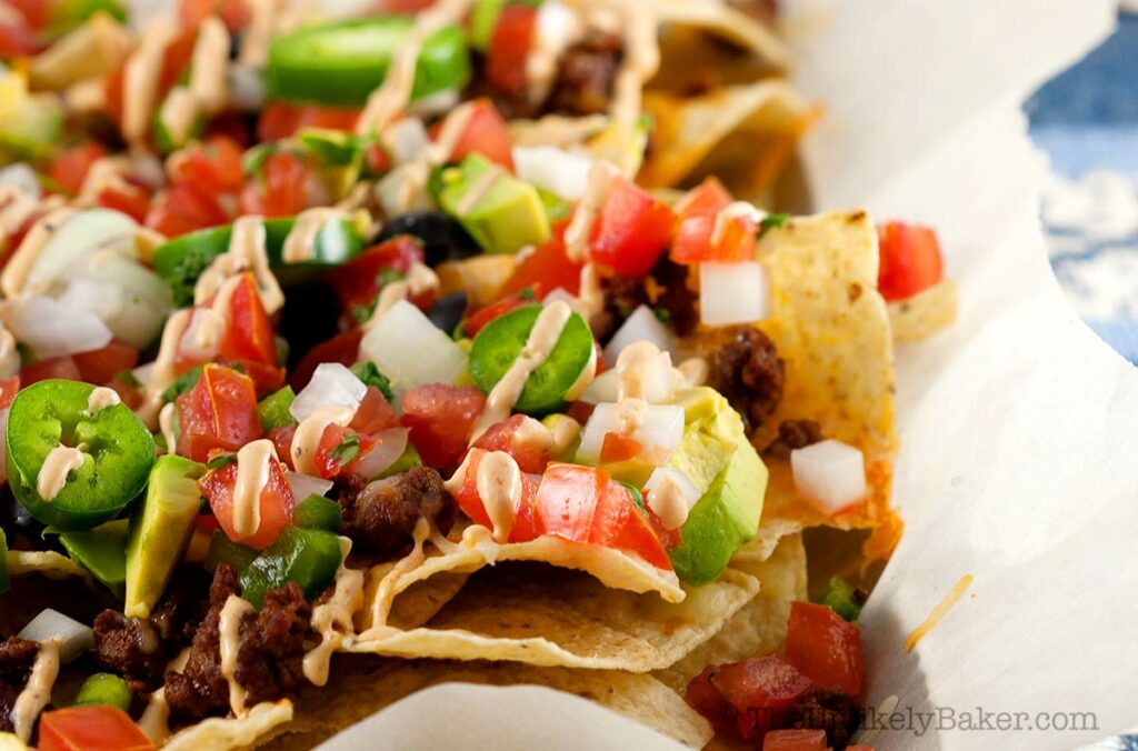 Ultimate nachos on a baking tray