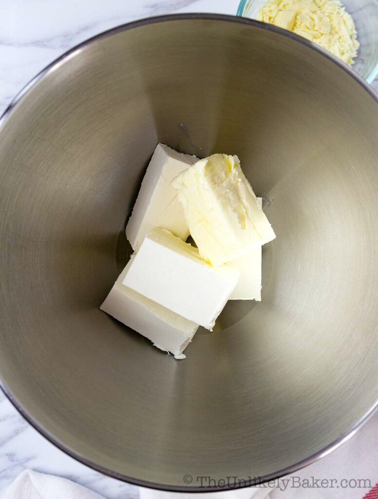 Cream cheese and butter in a bowl
