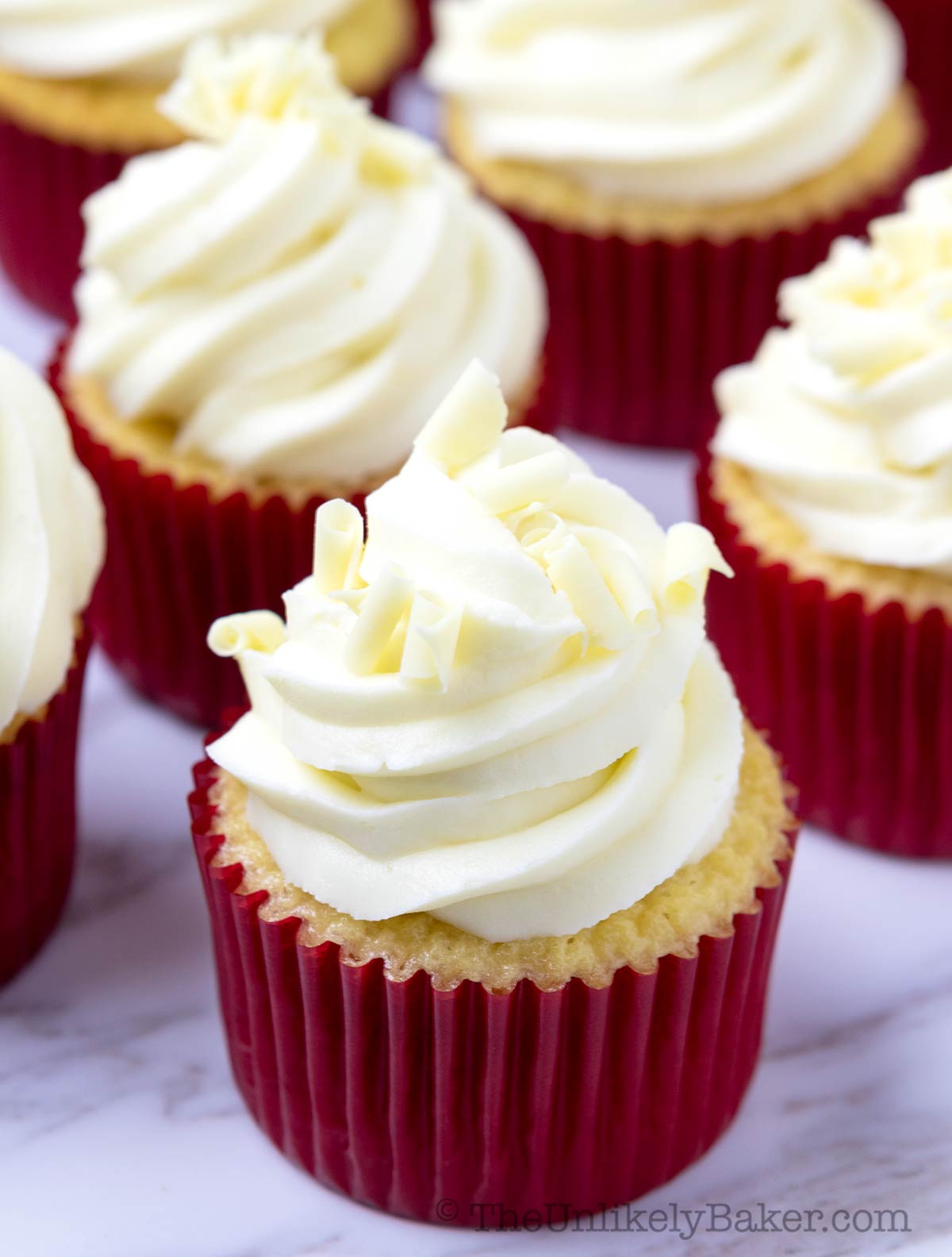 White chocolate cupcakes on a table