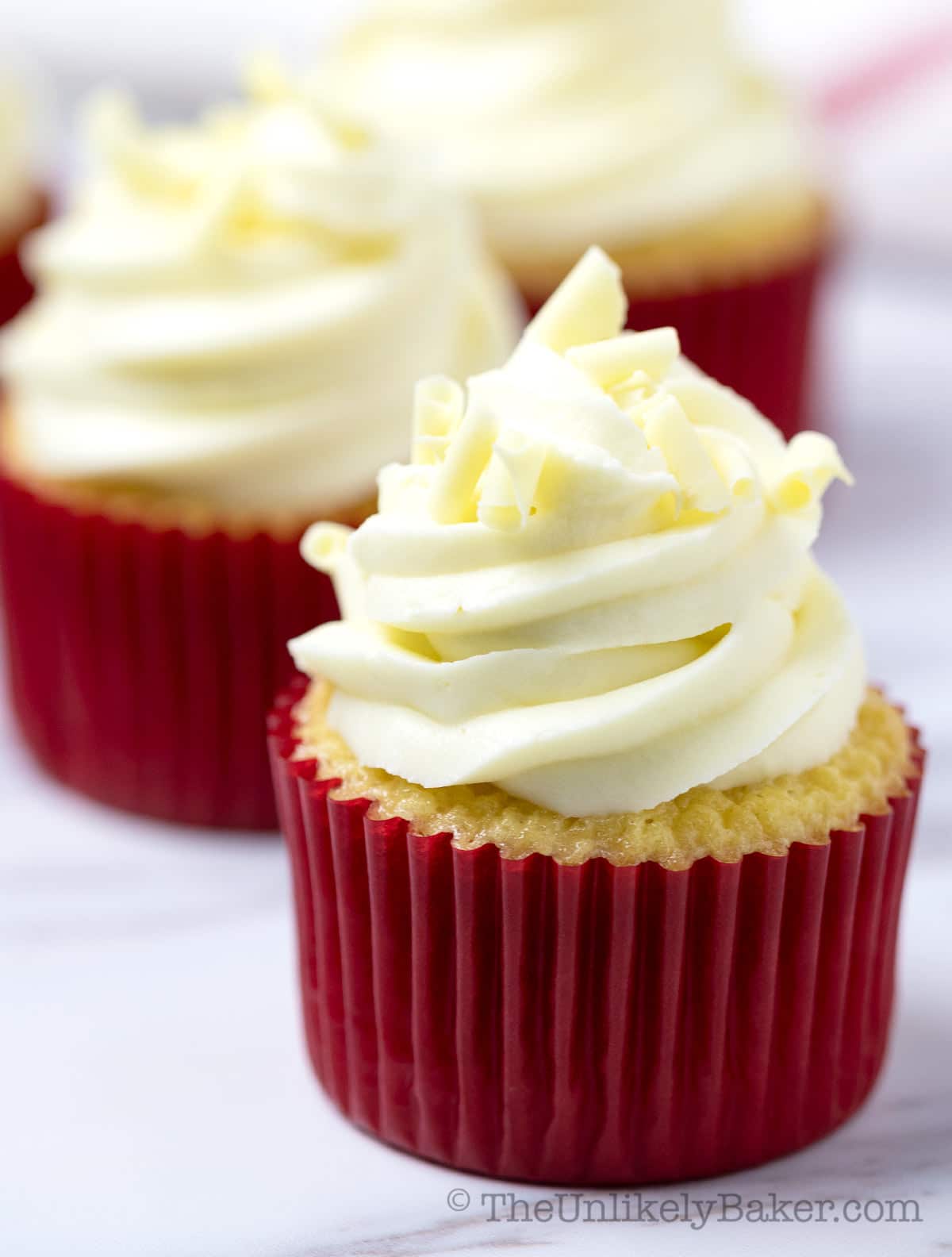 White chocolate cupcake on a table