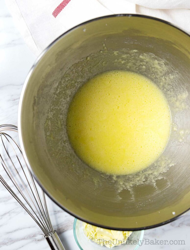 Eggs stirred into butter and sugar