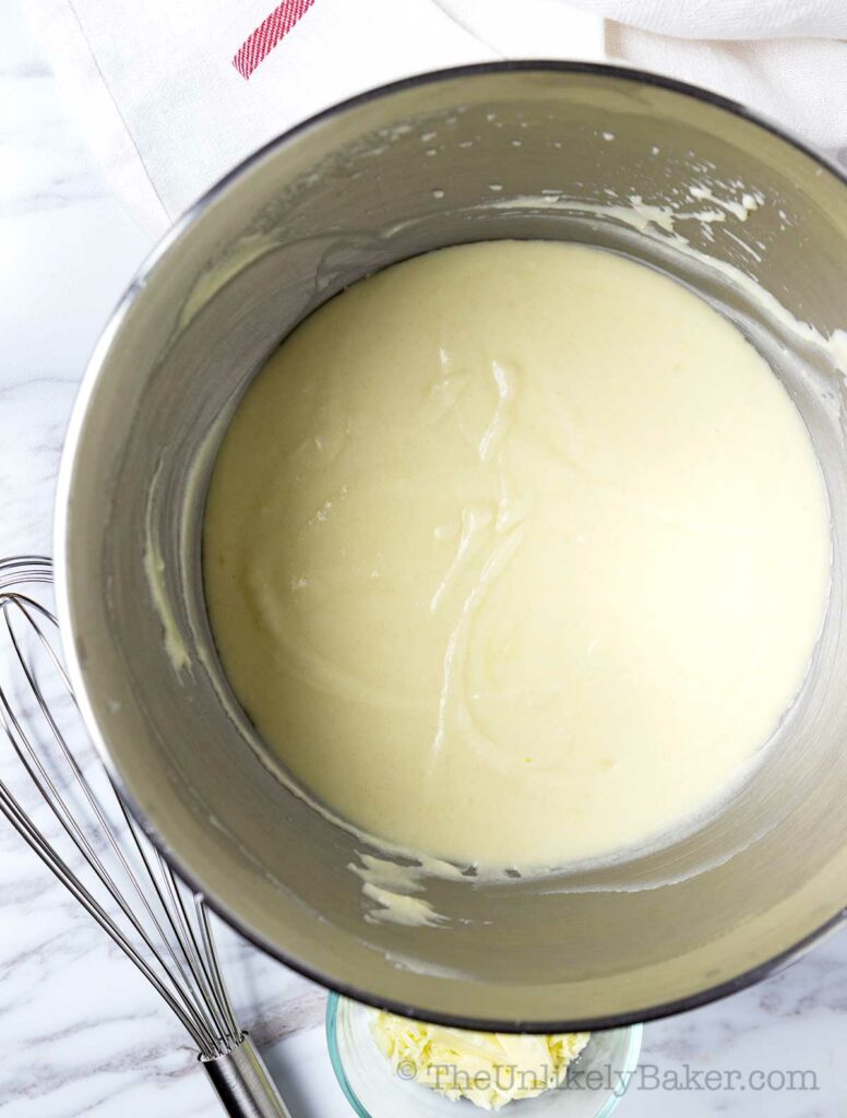White chocolate cupcake batter in a bowl