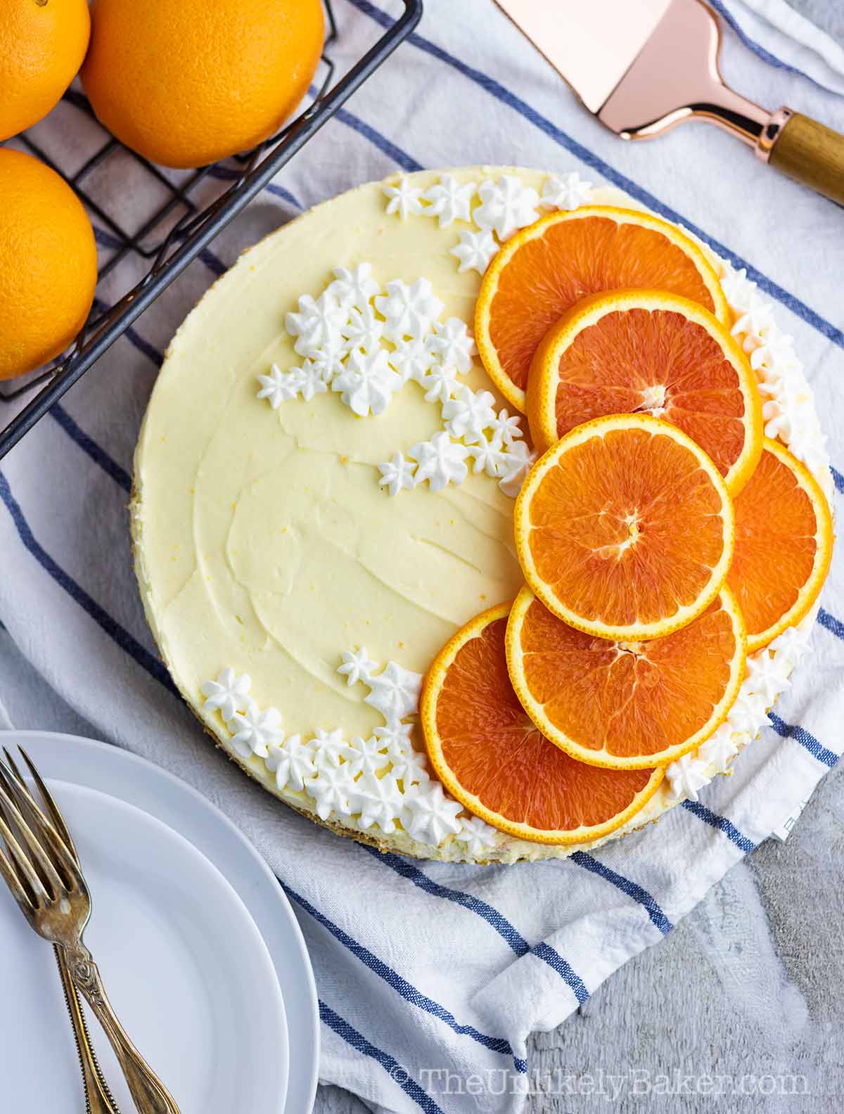 orange cheesecake with oranges and whipped cream