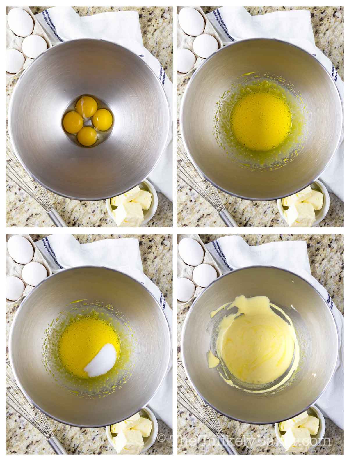 Photo collage showing how to mix egg yolk mixture.