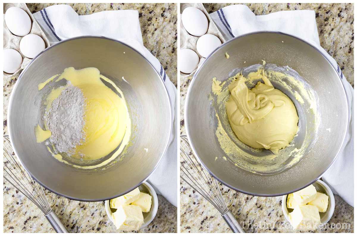 Photo collage showing flour added to egg yolk mixture.