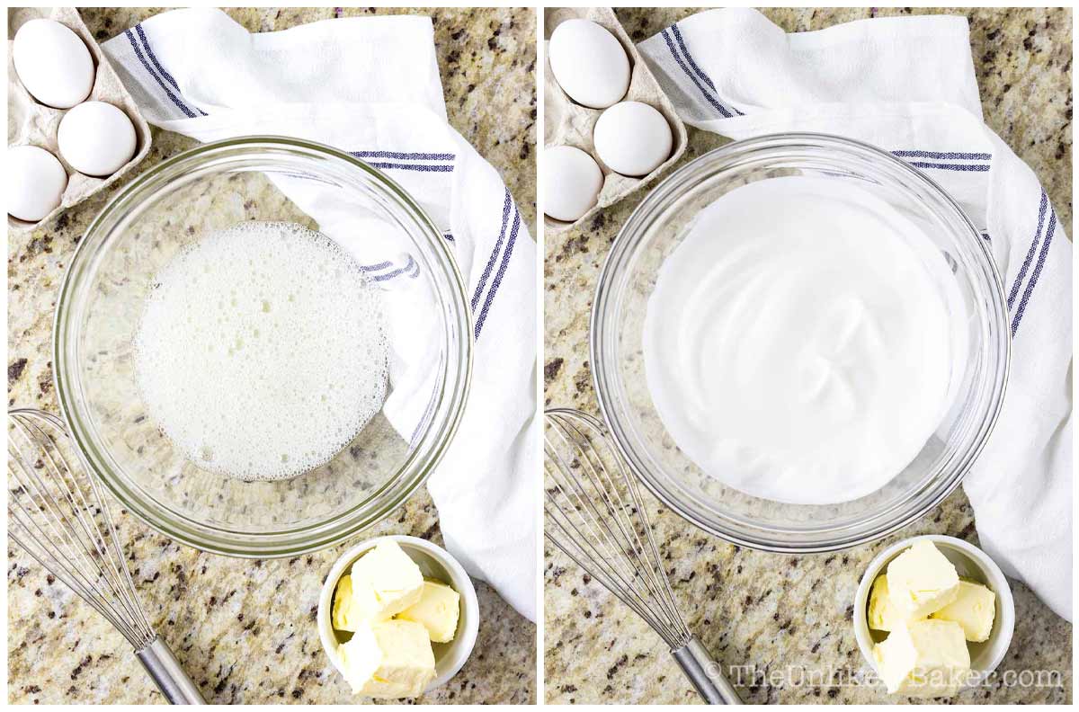 Photo collage showing frothy and stiff egg whites.