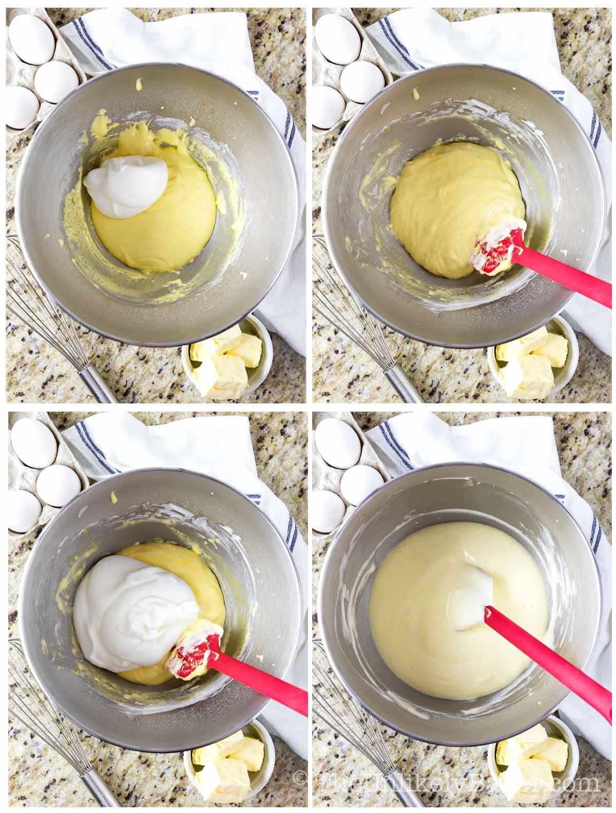Photo collage showing how to fold meringue into cake batter.