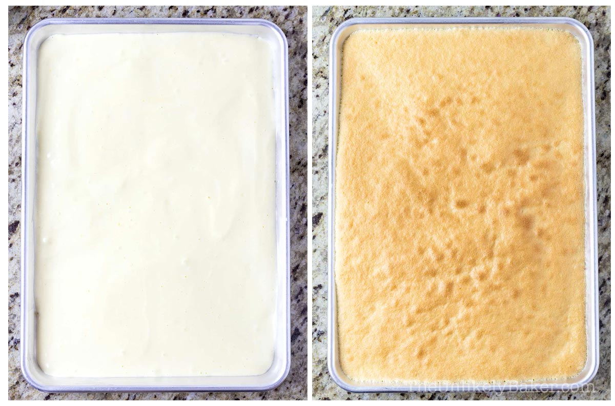 Photo collage showing before and after baking cake.