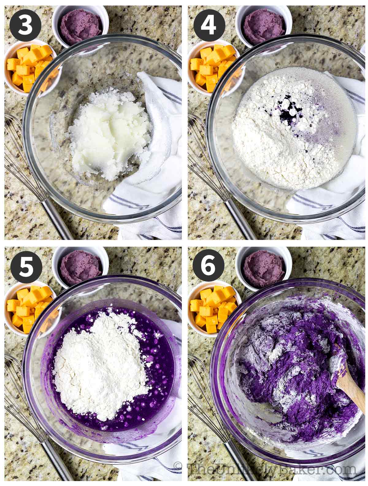 Photo collage of how to make ube pandesal dough.