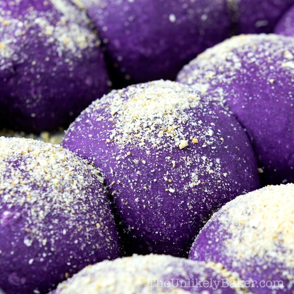 Photo of soft and fluffy ube pandesal.
