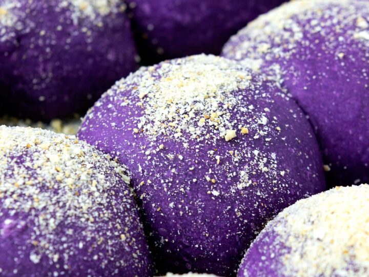 Photo of soft and fluffy ube pandesal.