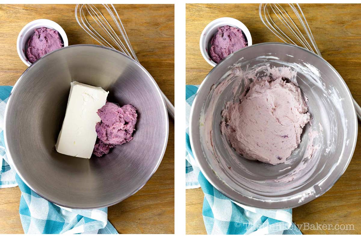 Photo collage - cream cheese and ube jam in a bowl.
