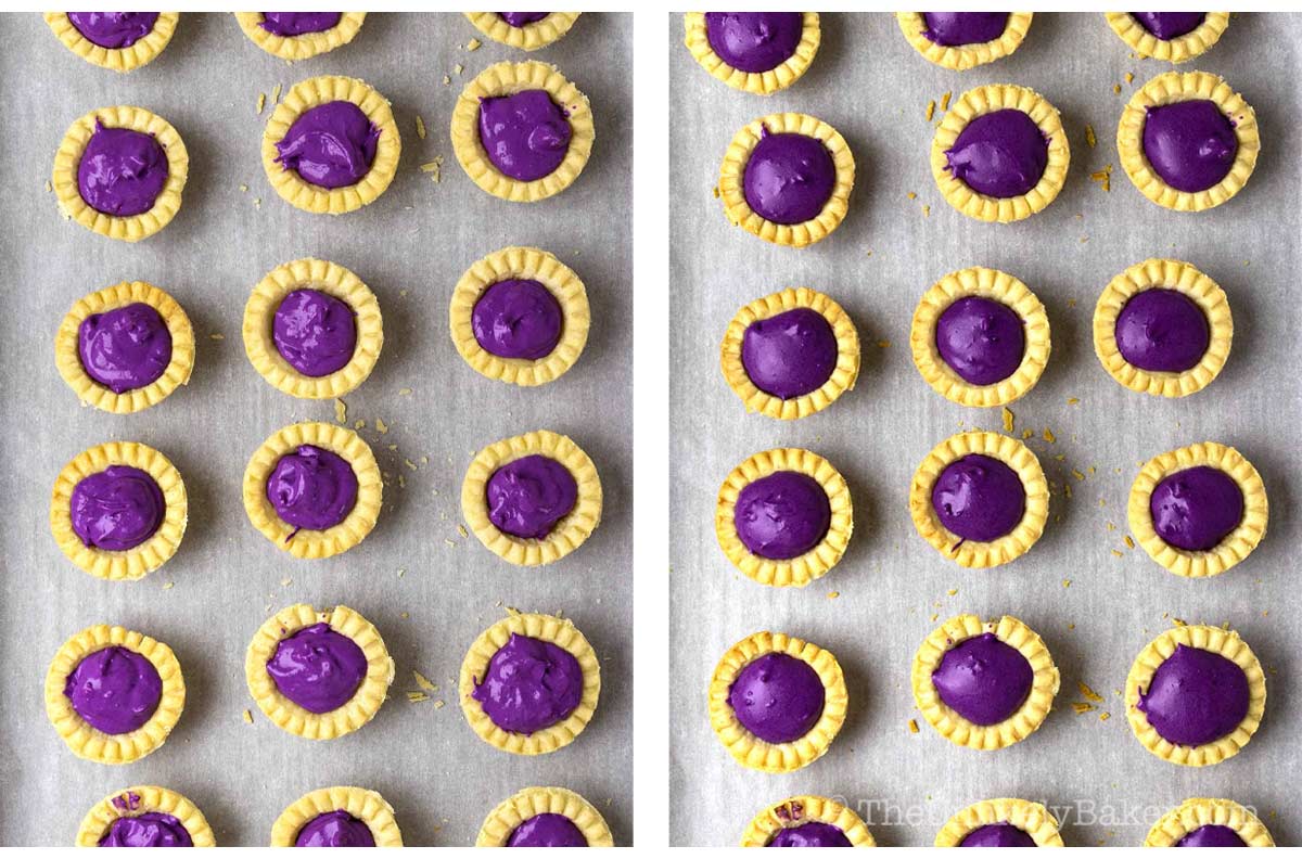 Photo collage - ube tarts before and after baking.
