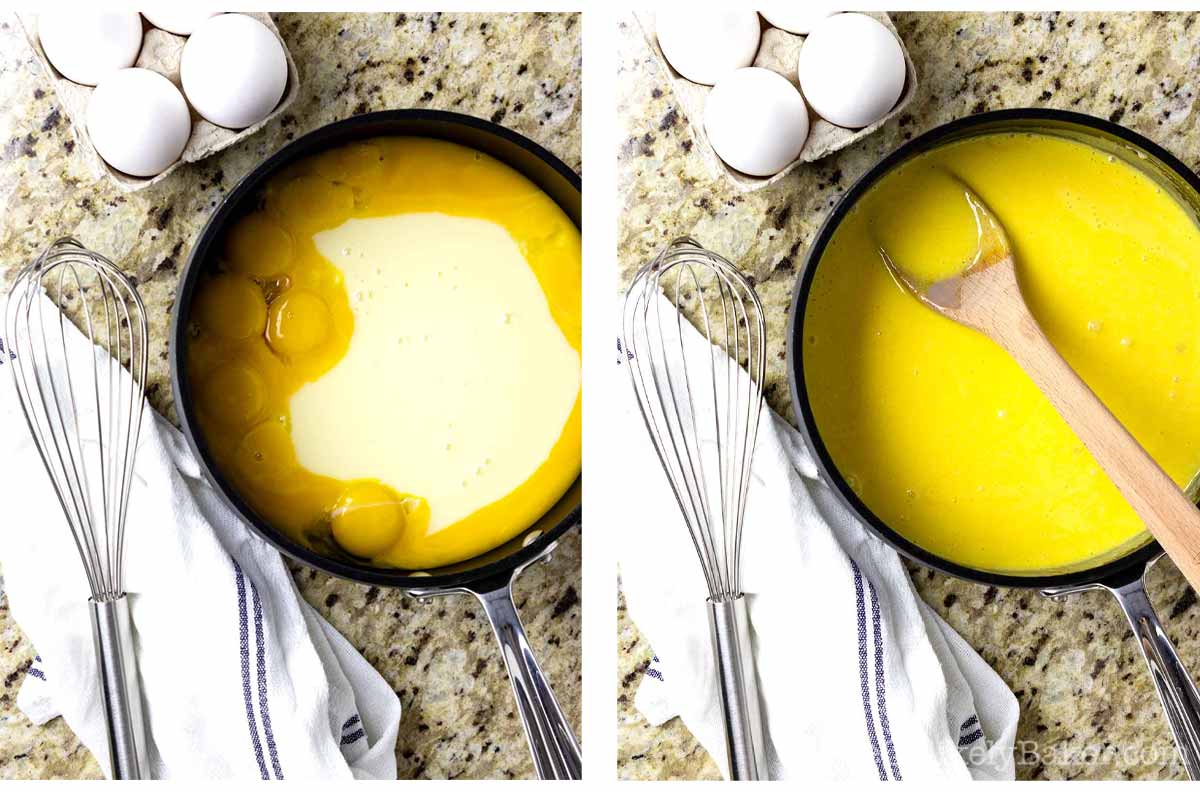 Photo collage - egg yolk custard ready to cook.