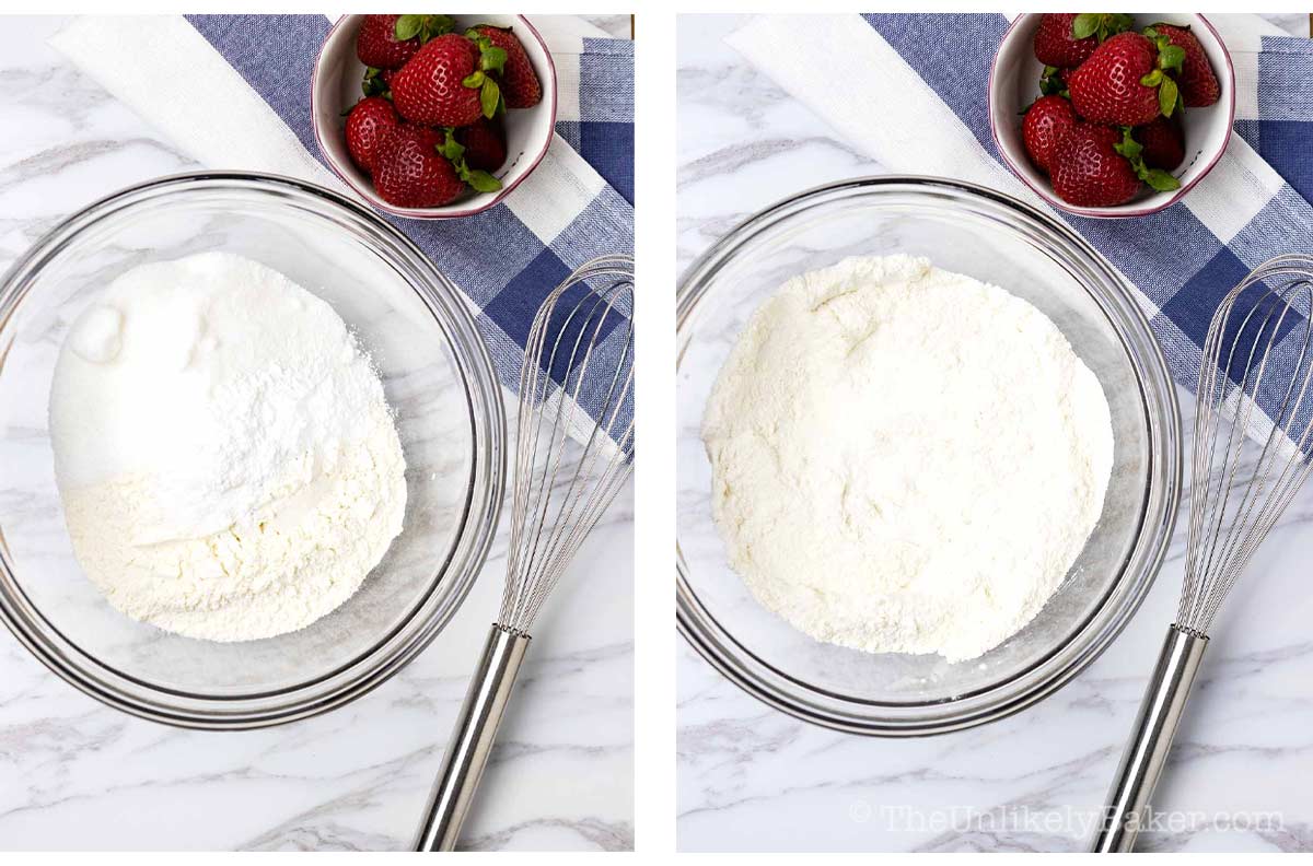 Photo collage - flour mixture in a bowl.