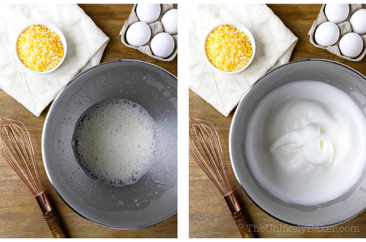 Photo collage - egg whites whipped to stiff peaks.