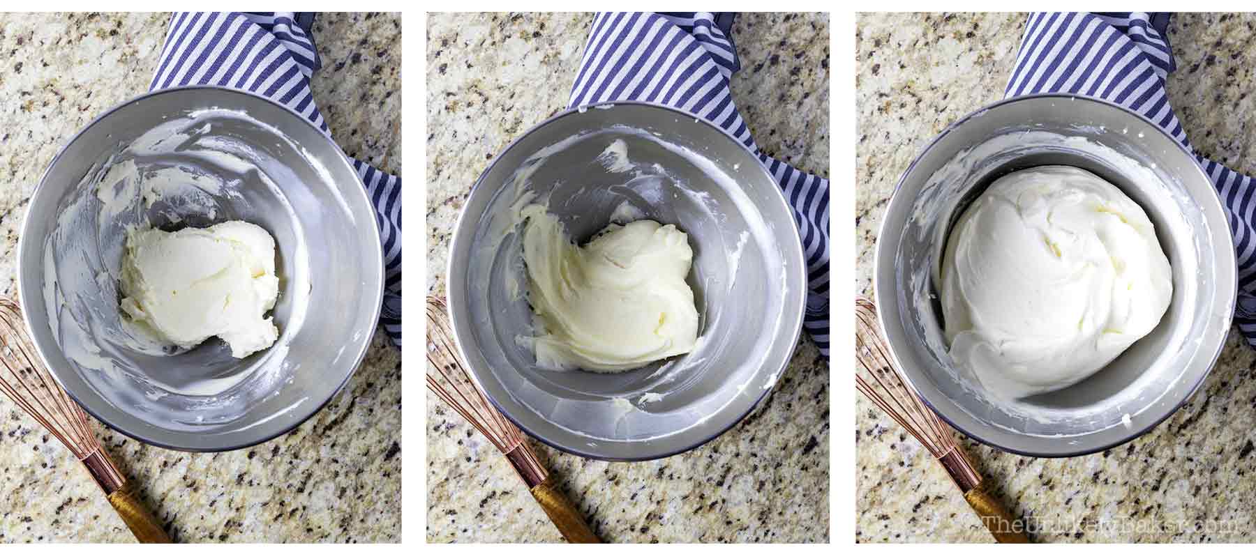 Photo collage - how to make whipped cream cheese frosting.