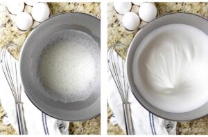 Photo collage - egg whites whipped to stiff peaks.