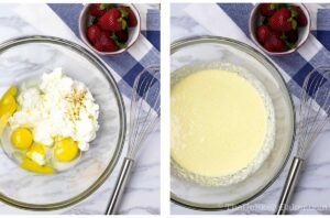Photo collage - eggs and ricotta cheese in a bowl.