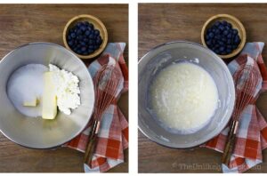 Photo collage - ricotta cheese, butter and sugar in a bowl.