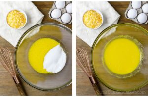 Photo collage - sugar added into egg yolk mixture.
