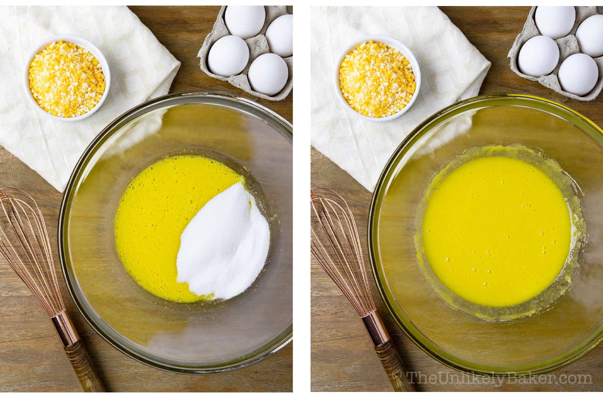 Photo collage - sugar added into egg yolk mixture.