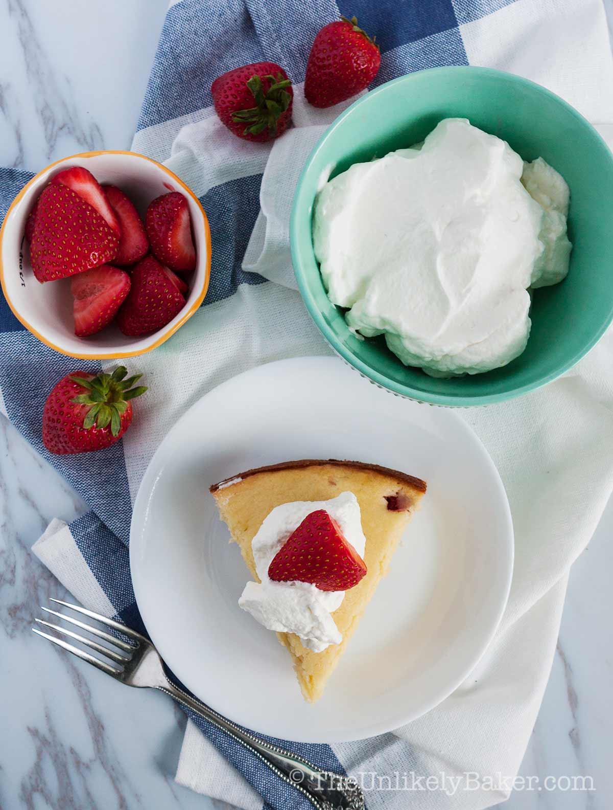 Overhead shot of strawberry and ricotta cake.