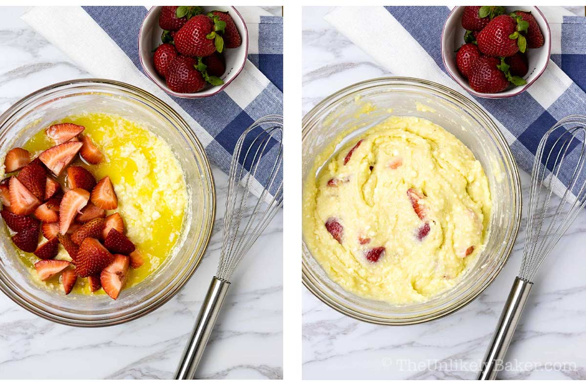 Photo collage - melted butter and strawberries added to cake batter.