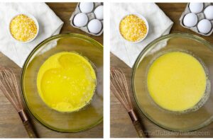Photo collage - melted butter mixed into wet ingredients.