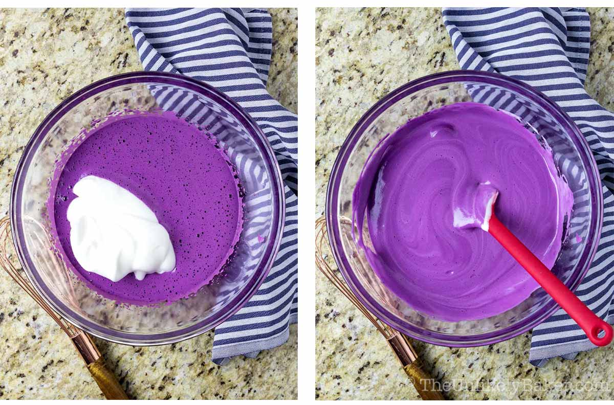 Photo collage - meringue added to egg yolk mixture.