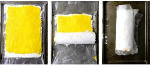 Photo collage - how to fill and roll a Brazo de Mercedes cake.
