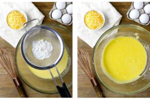 Photo collage - flour mixture mixed into wet ingredients.