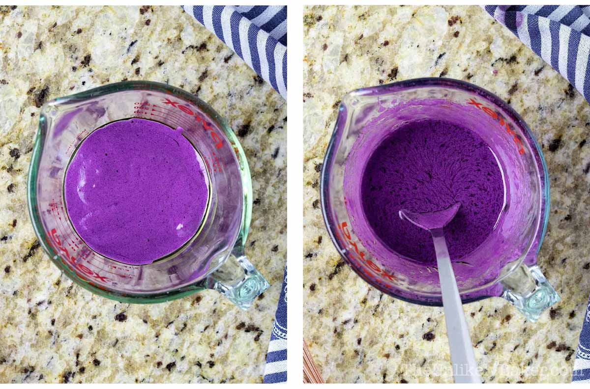 Photo collage - cake batter in a measuring cup.