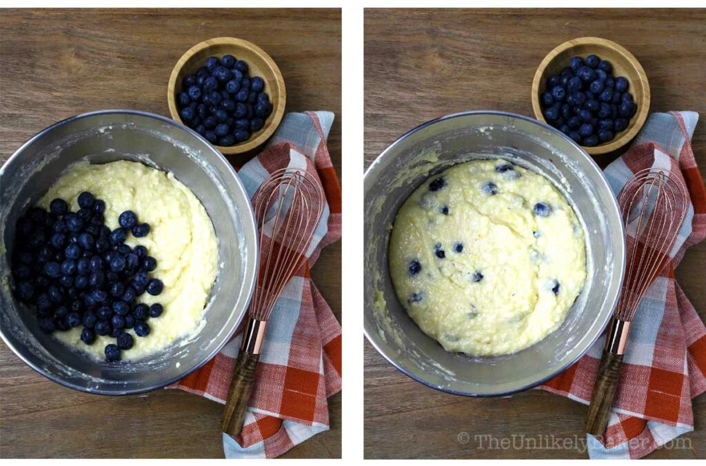 Photo collage - fresh blueberries added to cake batter.
