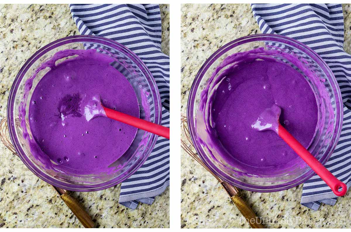 Photo collage - purple cake batter in a bowl.