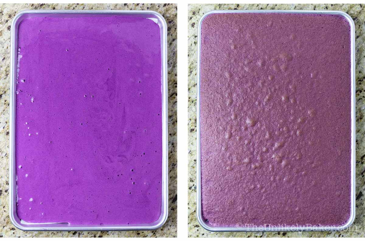 Photo collage - cake before and after baking.