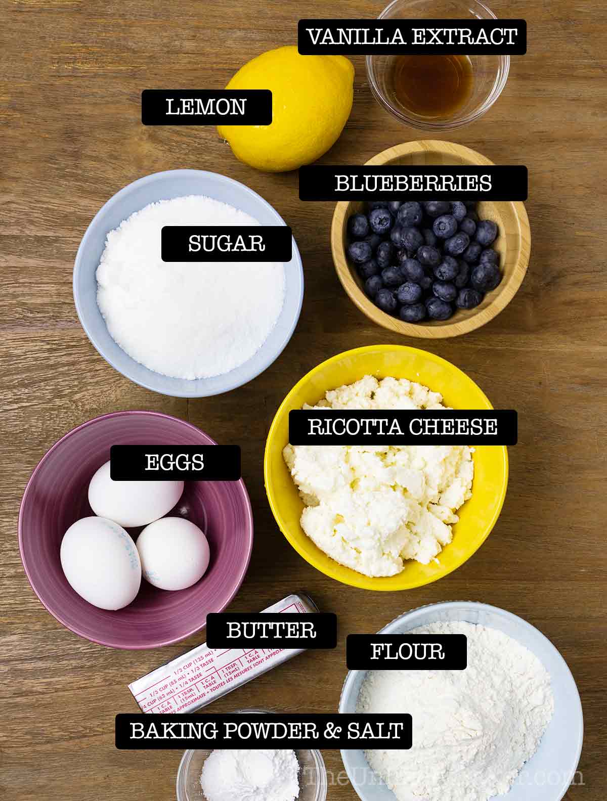 Ingredients for lemon blueberry ricotta cake.