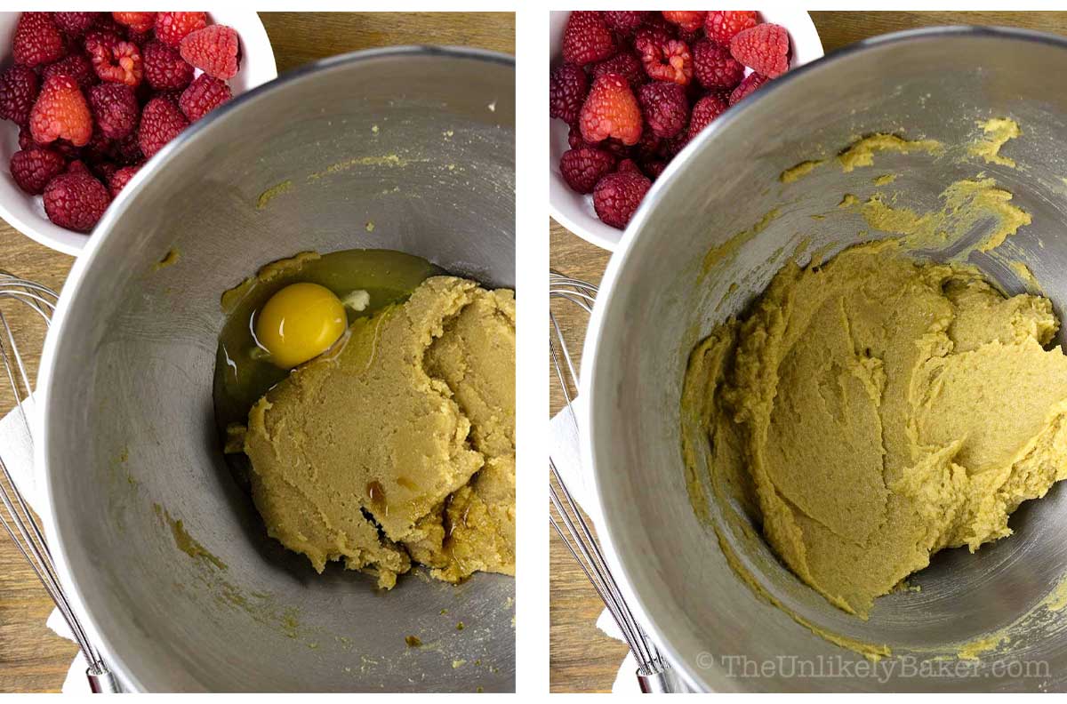 Collage photo of egg added to creamed butter and sugar.