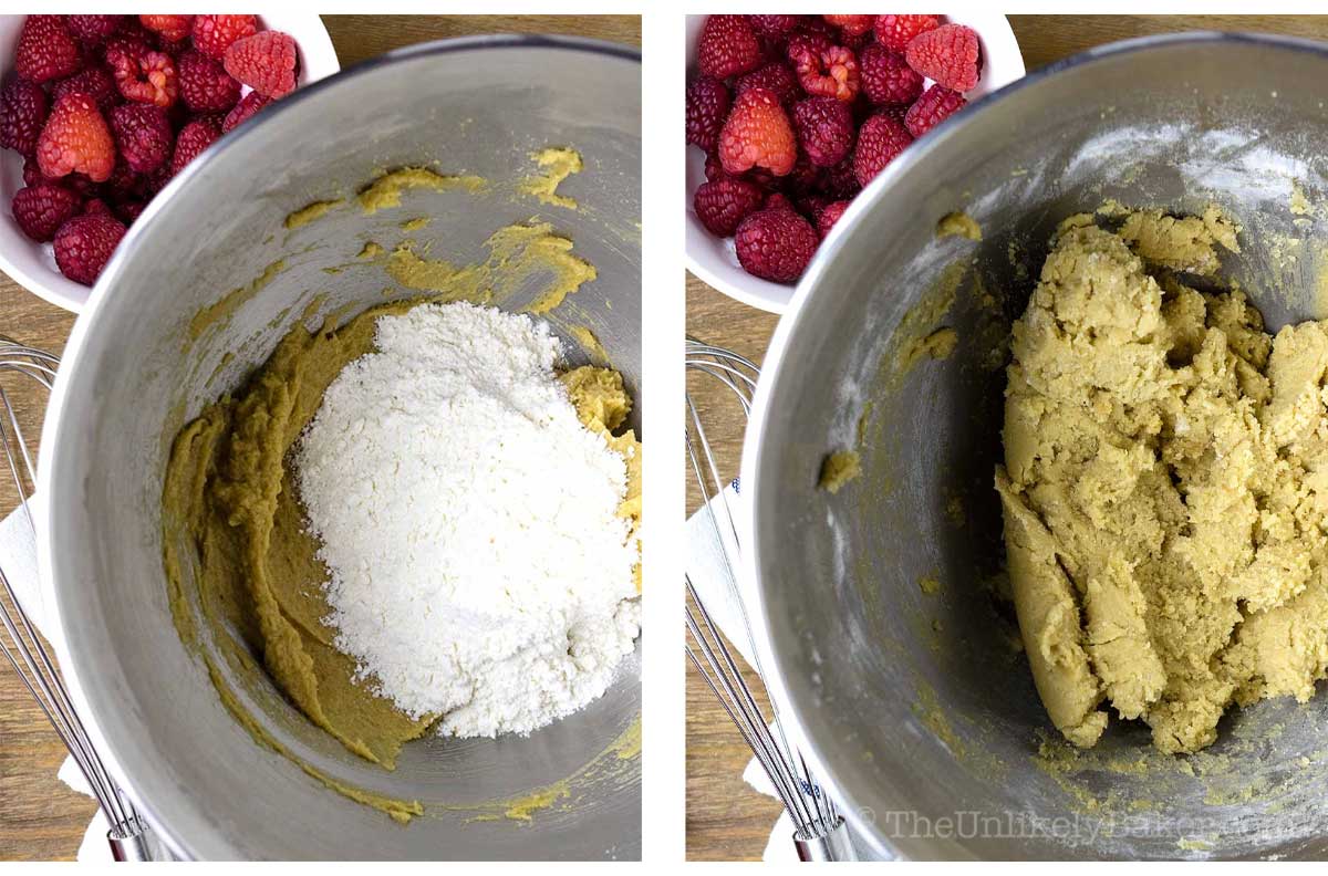 Collage photo of flour added to cookie dough.