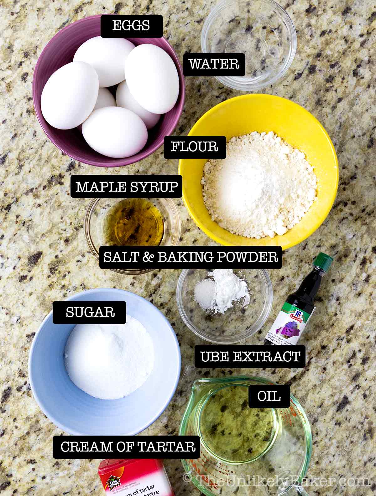 Photo of ingredients for ube cake roll.