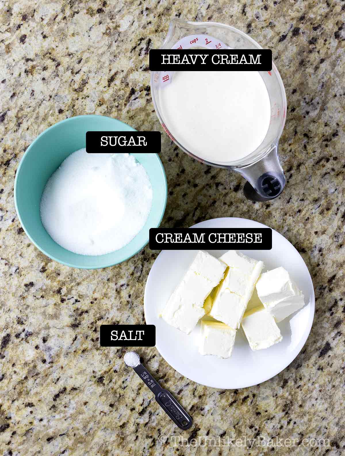 Group photo of ingredients for whipped cream cheese frosting.