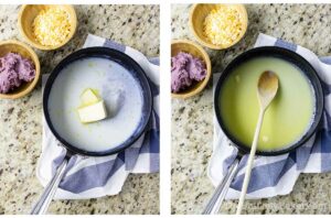 Photo collage - milk mixture in a saucepan.