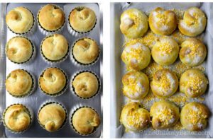 Photo collage - freshly baked ube ensaymada with toppings.