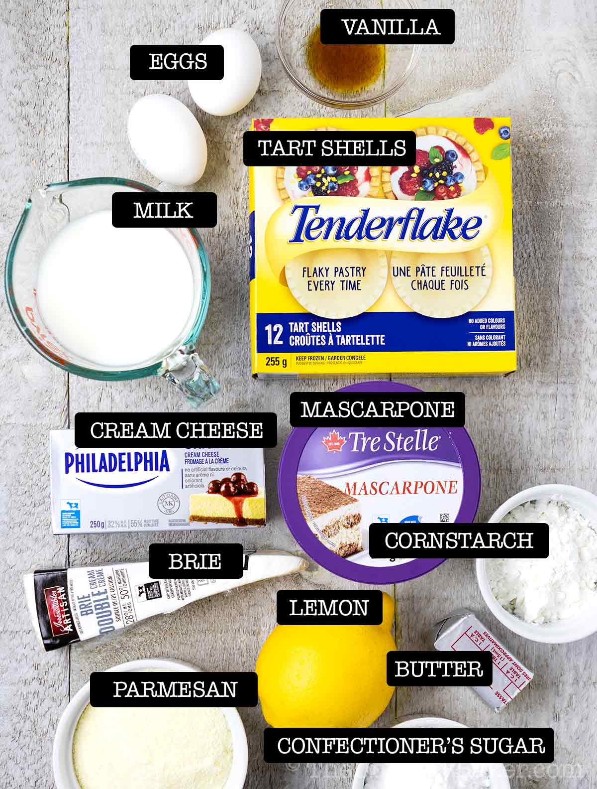 Ingredients for Hokkaido cheese tarts recipe.