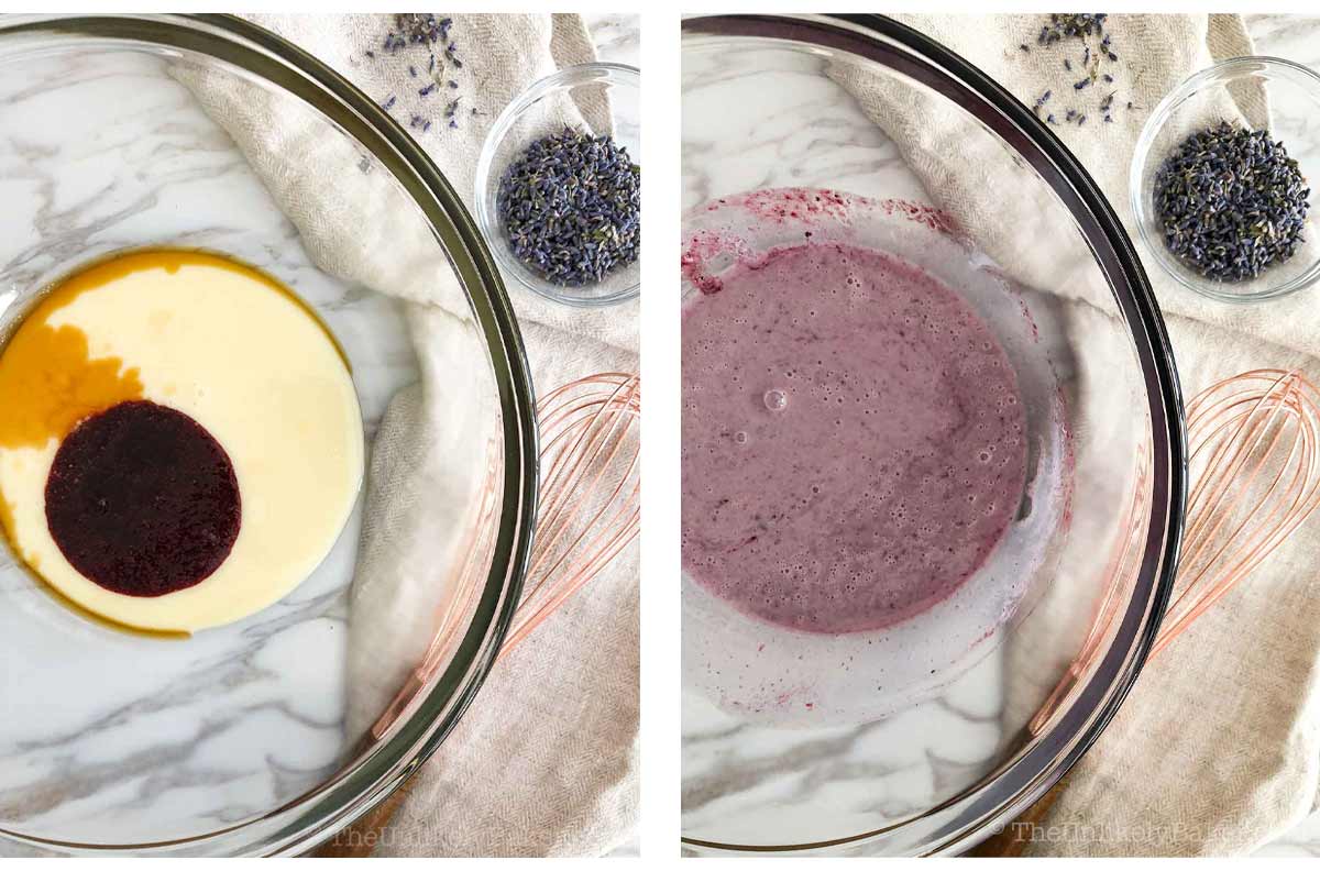 Photo collage - condensed milk, vanilla and blackberry juice in a bowl.